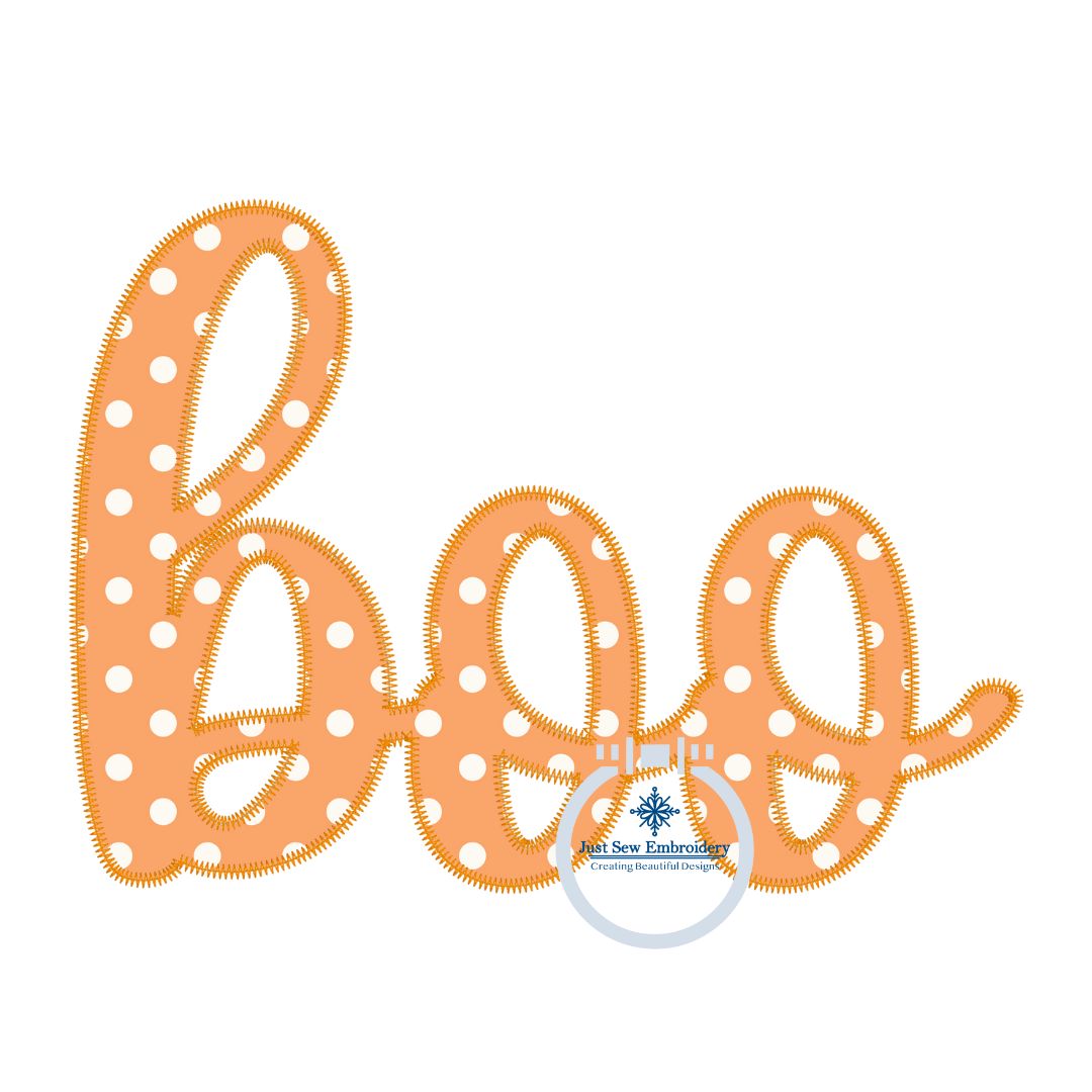 Boo Script Applique Machine Embroidery Design Zigzag Edge Stitch Six Sizes 4x4, 5x7, 8x8, 6x10, 7x12, and 8x12 Hoop