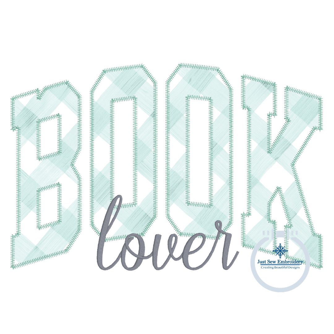 Book Lover Arched ZigZag Applique Embroidery Design Satin Outline Six Sizes 5x7, 8x8, 9x9, 6x10, 7x12, and 8x12 Hoop