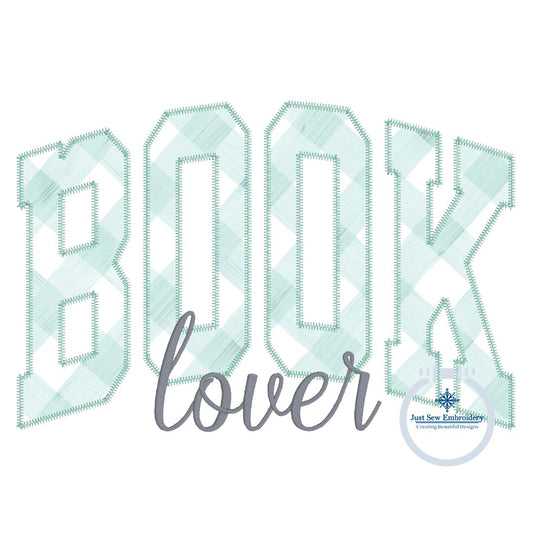 Book Lover Arched ZigZag Applique Embroidery Design Satin Outline Six Sizes 5x7, 8x8, 9x9, 6x10, 7x12, and 8x12 Hoop