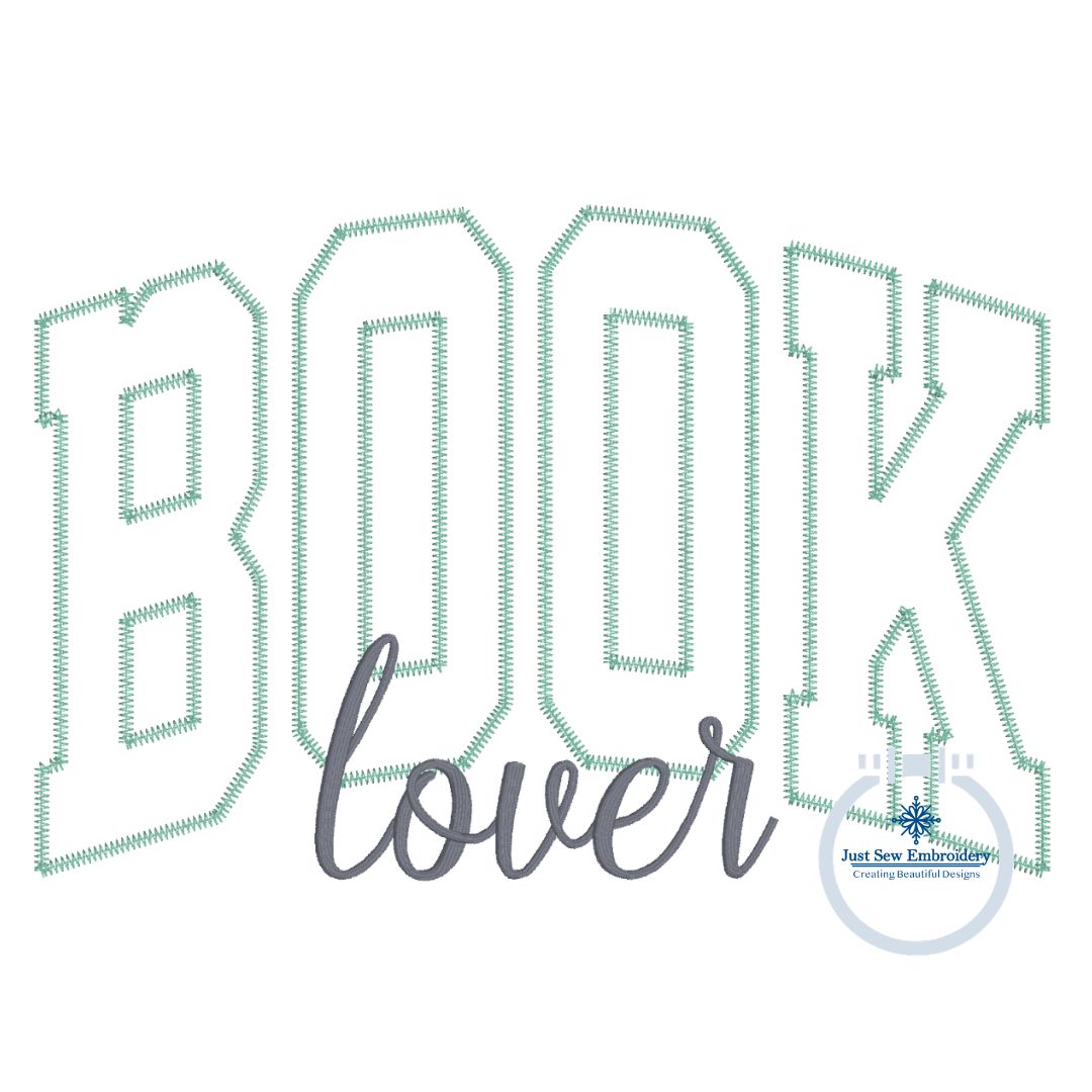 Book Lover Arched ZigZag Applique Embroidery Design Satin Outline Six Sizes 5x7, 8x8, 9x9, 6x10, 7x12, and 8x12 Hoop