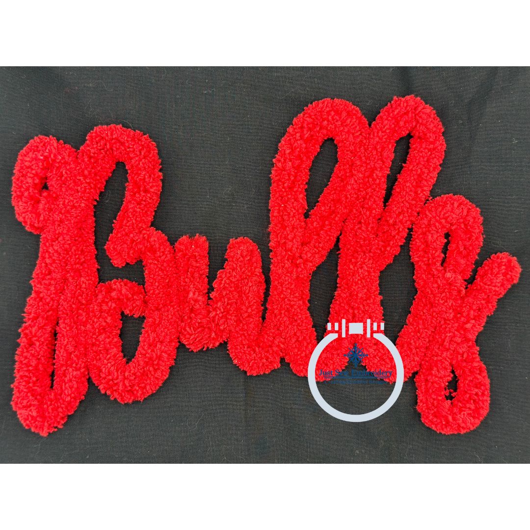 BULLS Script Chenille Yarn Applique Design Machine Embroidery Five Sizes 5x7, 8x8, 6x10, 7x12, and 8x12 Hoop