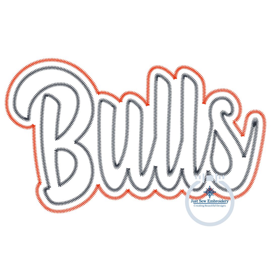 Bulls Script Applique Embroidery Design Double Layer ZigZag Edge Four Sizes 5x7, 8x8, 6x10, and 7x12 Hoop