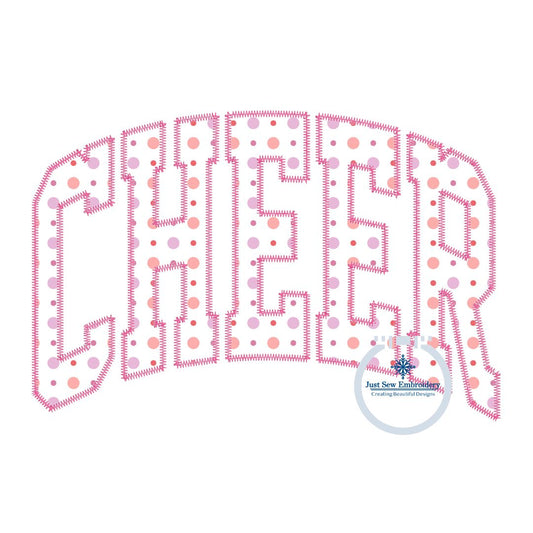 Cheer Arched Applique Embroidery Design ZigZag Stitch Edge Six Sizes 5x7, 8x8, 9x9, 6x10, 7x12, and 8x12 Hoop