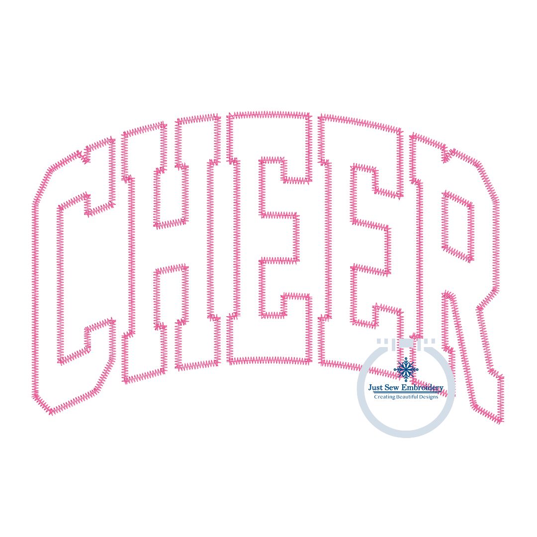 Cheer Arched Applique Embroidery Design ZigZag Stitch Edge Six Sizes 5x7, 8x8, 9x9, 6x10, 7x12, and 8x12 Hoop