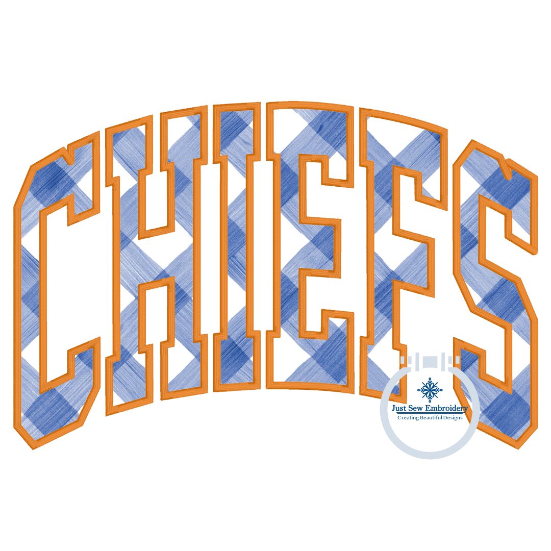 Chiefs Arched Applique Embroidery Satin Edge Machine Design Six Sizes 5x7, 8x8, 9x9, 6x10, 7x12, & 8x12 Hoop