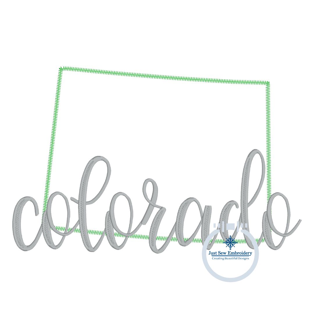 Colorado State Zigzag Applique Embroidery with Overlapping Script CO Five Sizes 5x7, 8x8, 6x10, 7x12, and 8x12 Hoop