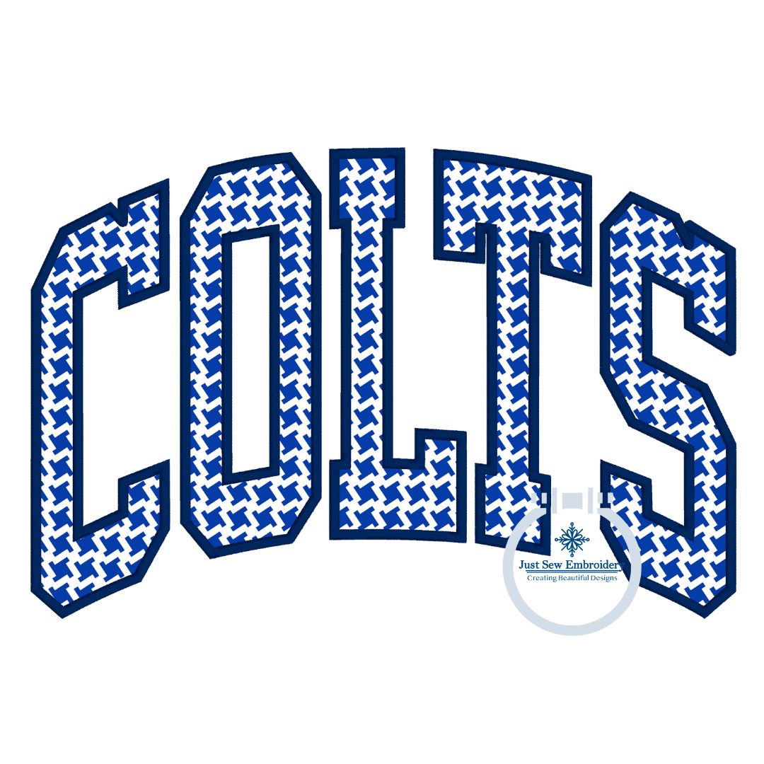 Colts Arched Satin Applique Embroidery Design Six Sizes 5x7, 8x8, 9x9, 6x10, 7x12, and 8x12 Hoop