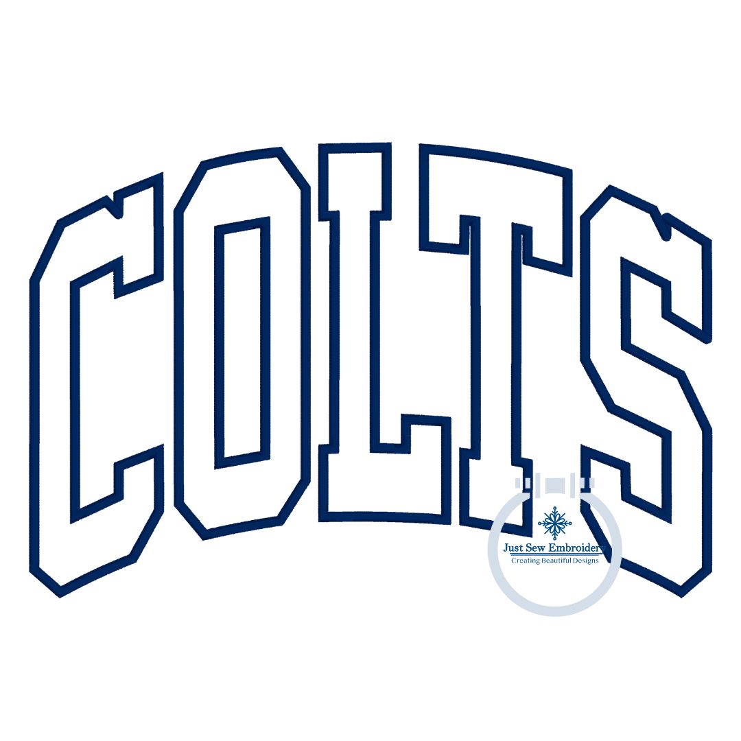 Colts Arched Satin Applique Embroidery Design Six Sizes 5x7, 8x8, 9x9, 6x10, 7x12, and 8x12 Hoop