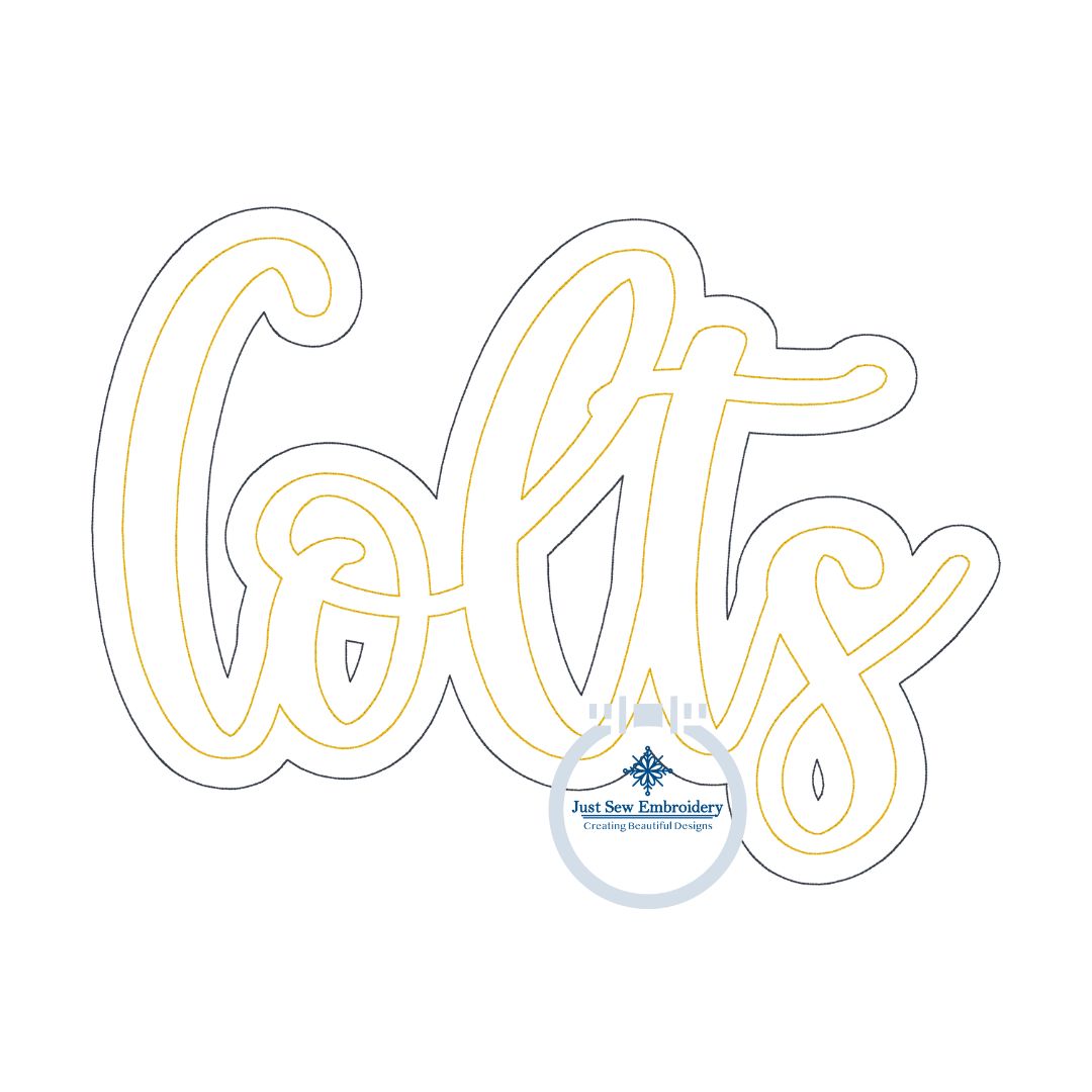 COLTS Double Raggy Applique Embroidery Machine Design Script Five Sizes 5x7, 8x8, 6x10, 7x12 and 8x12 Hoop