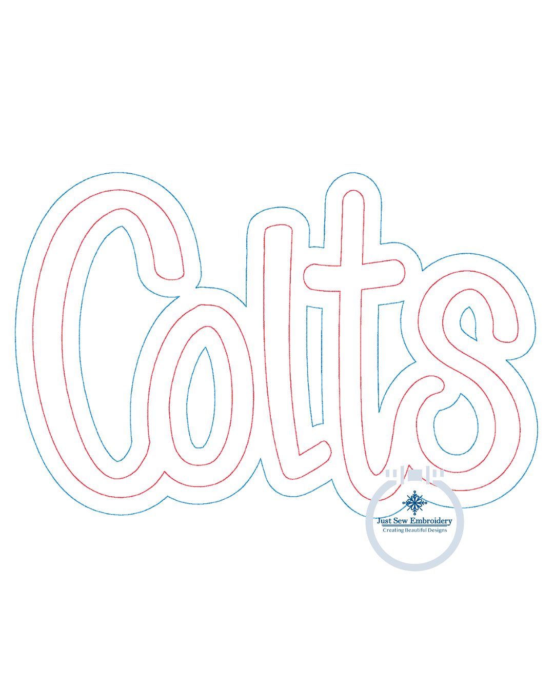 COLTS Double Bean Stitch Applique Embroidery Machine Design Script Five Sizes 5x7, 8x8, 6x10, 7x12 and 8x12 Hoop