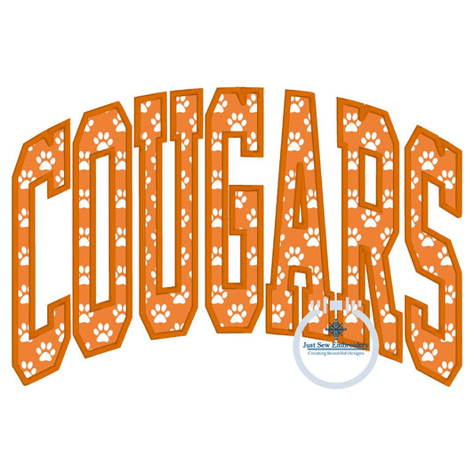 COUGARS Arched Applique Embroidery Design Satin Stitch Machine Embroidery Three Sizes 6x10, 7x12, and 8x12 Hoop