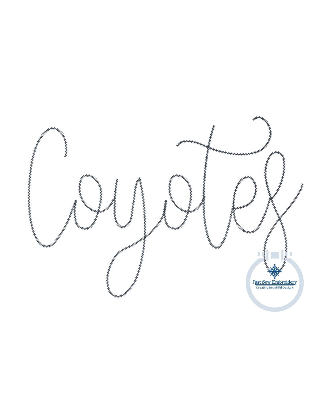 COYOTES Script Chenille Yarn Applique Design Machine Embroidery Six Sizes 5x7, 8x8, 9x9, 6x10, 7x12 and 8x12 Hoop