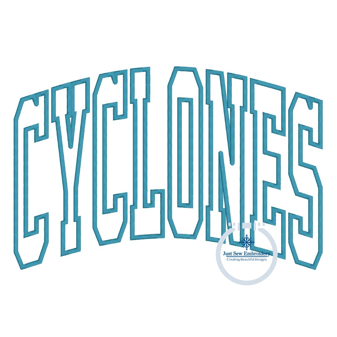 CYCLONES Arched Embroidery Applique Design Machine Embroidery Satin Edge Five Sizes 8x8, 9x9, 6x10, 7x12, and 8x12 Hoop