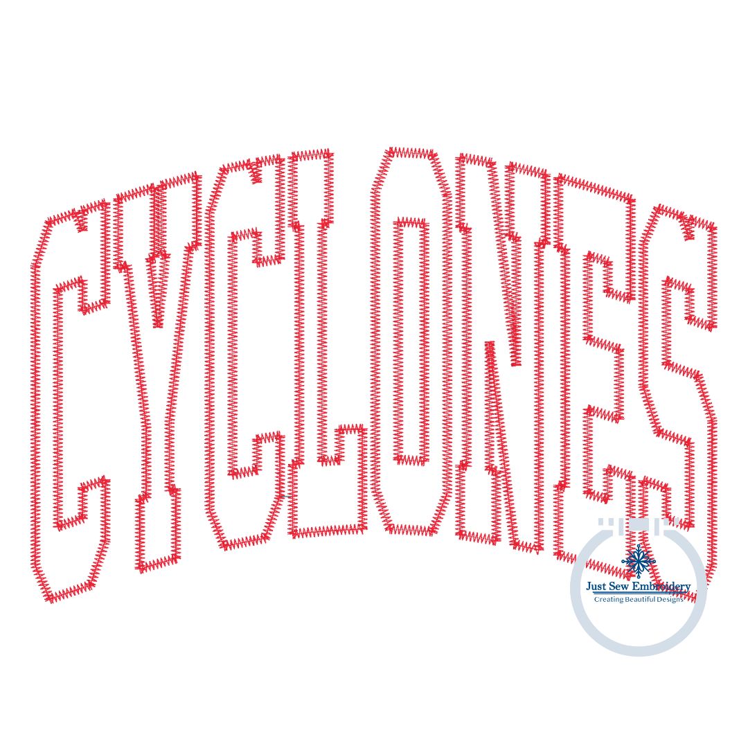 CYCLONES Arched Embroidery Applique Design Machine Embroidery ZigZag Edge Six Sizes 5x7, 8x8, 9x9, 6x10, 7x12, and 8x12 Hoop