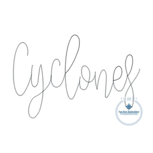 CYCLONES Chenille Yarn Script Embroidery Design Script Six Sizes 5x7, 8x8, 9x9, 6x10, 7x12, and 8x12 Hoop