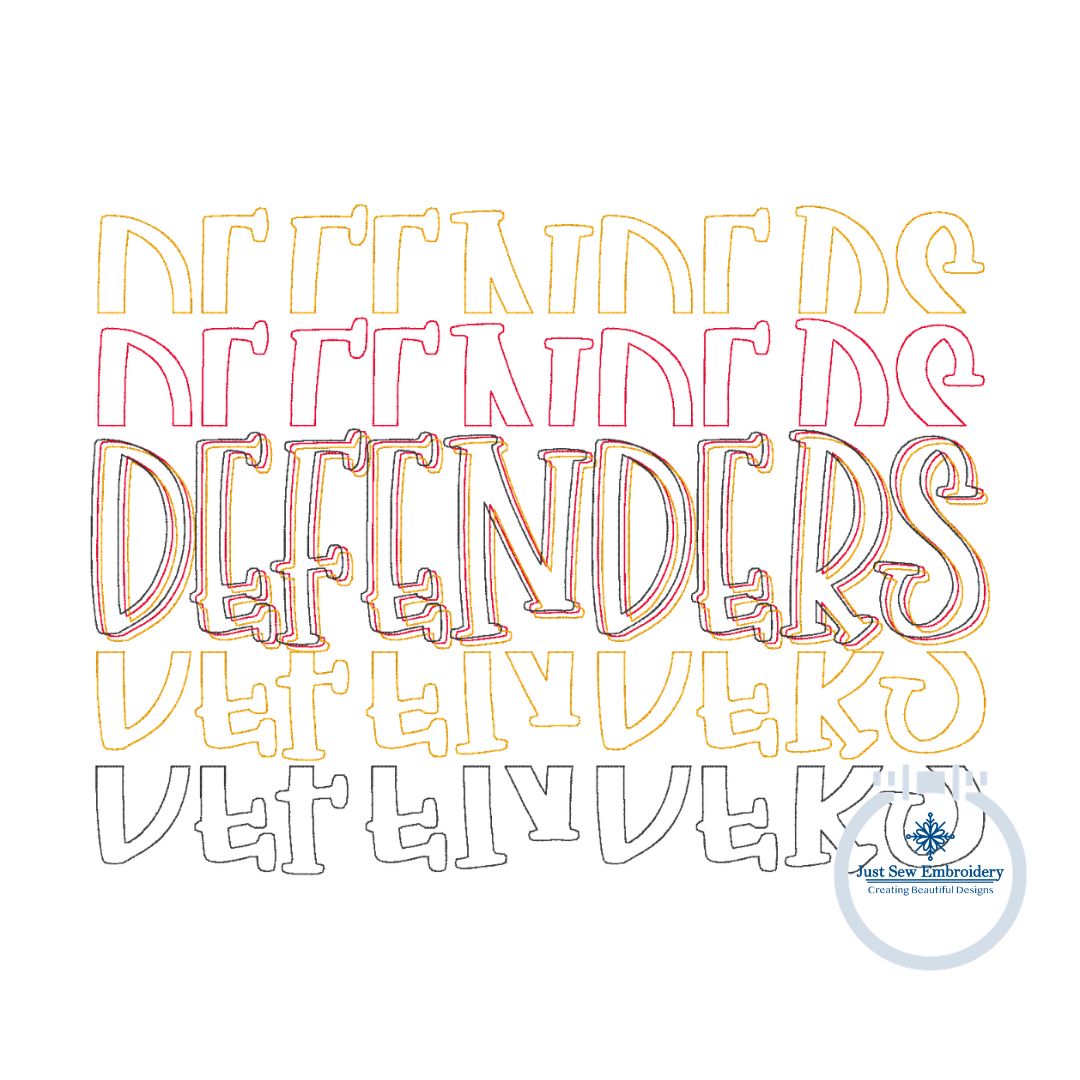 Defenders Repeat Embroidery Machine Design Bean Stitch Script Six Sizes 6x6, 5x7, 8x8, 6x10, 7x12, and 8x12 Hoop