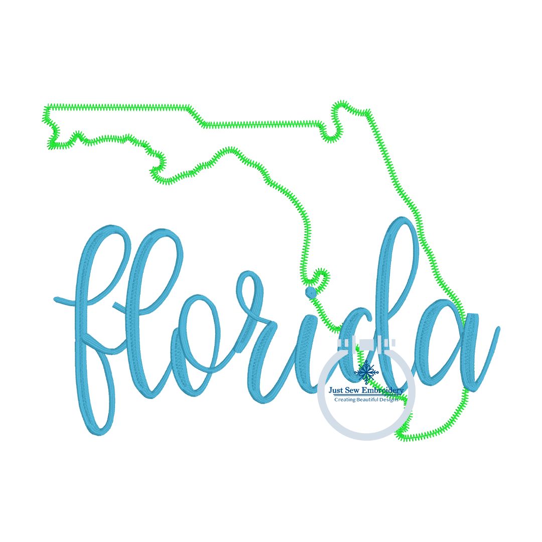 Florida applique embroidery design with zigzag state and satin stitch script overlap in four sizes  8x8, 6x10, 7x12, and 8x10 hoop