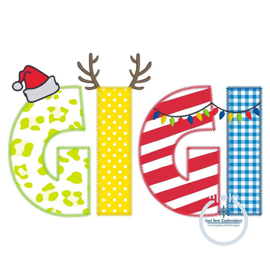 GIGI Christmas Applique Embroidery Design Zigzag Stitch Five Sizes 5x7, 8x8, 6x10, 7x12, and 8x12 Hoop