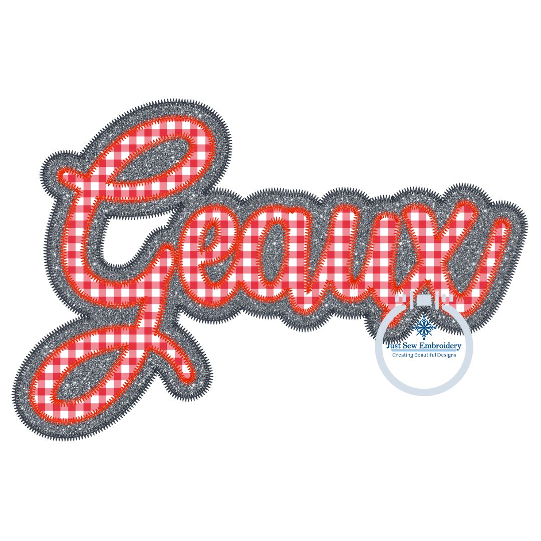 Geaux Double Zigzag Applique Script Machine Embroidery Design Five Sizes 5x7, 8x8, 6x10, 7x12, and 8x12 Hoop