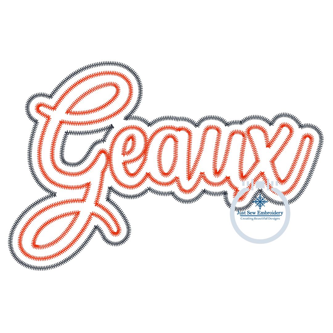 Geaux Double Zigzag Applique Script Machine Embroidery Design Five Sizes 5x7, 8x8, 6x10, 7x12, and 8x12 Hoop