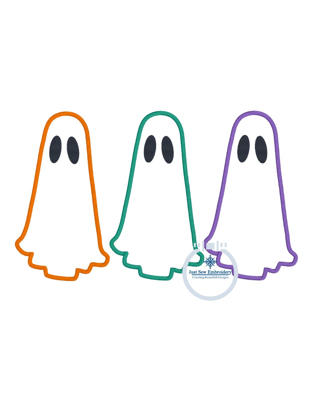 Ghost Trio Applique Embroidery Design Satin Stitch Filled Eyes Halloween Five Sizes 5x7, 8x8, 9x9, 6x10, and 7x12 Hoops