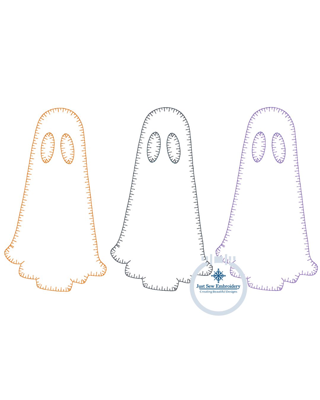 Ghost Trio Applique Embroidery Design Blanket Stitch Halloween Five Sizes 5x7, 8x8, 9x9, 6x10, and 7x12 Hoops