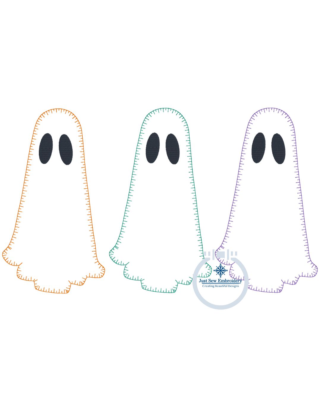 Ghost Trio Applique Embroidery Design Blanket Stitch Filled Eyes Halloween Seven Sizes 4x4, 5x7, 6x6, 8x8, 9x9, 6x10, and 7x12 Hoops