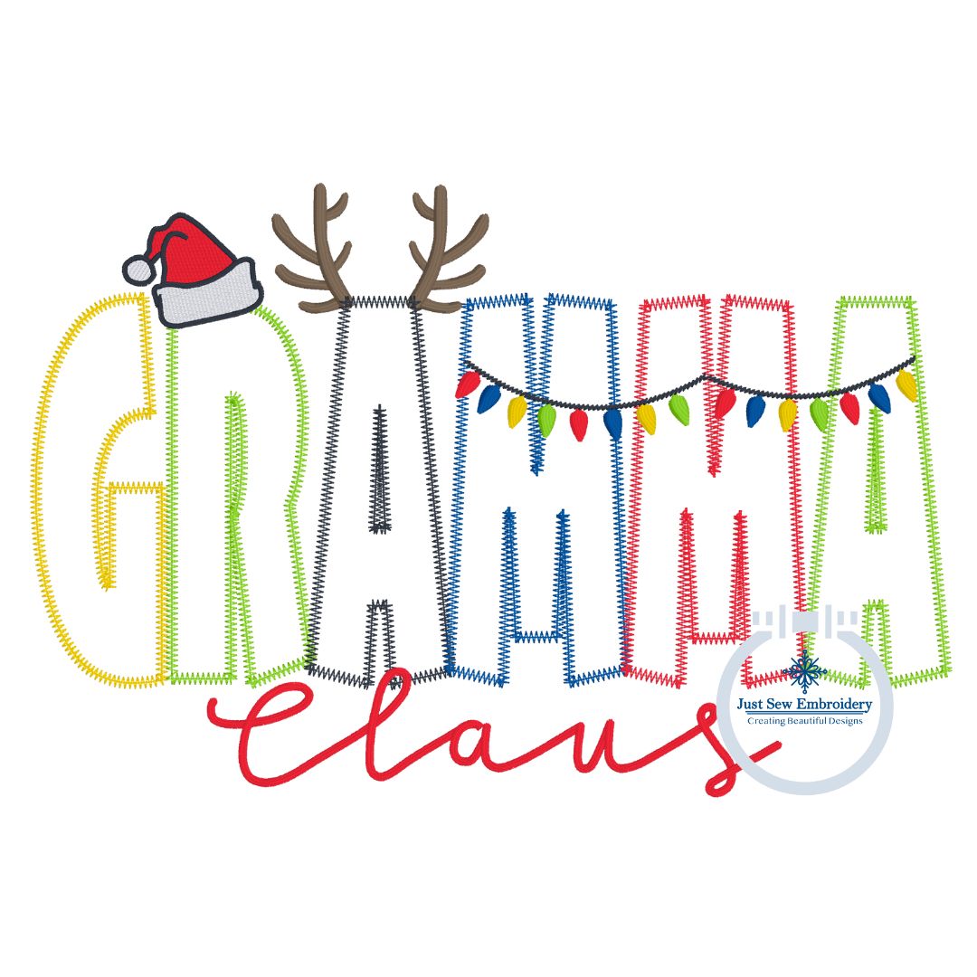 GRAMMA Claus Christmas Applique Embroidery Machine Design Zigzag Edge Stitch Five Sizes 5x7, 8x8, 6x10, 7x12m and 8x12 Hoop