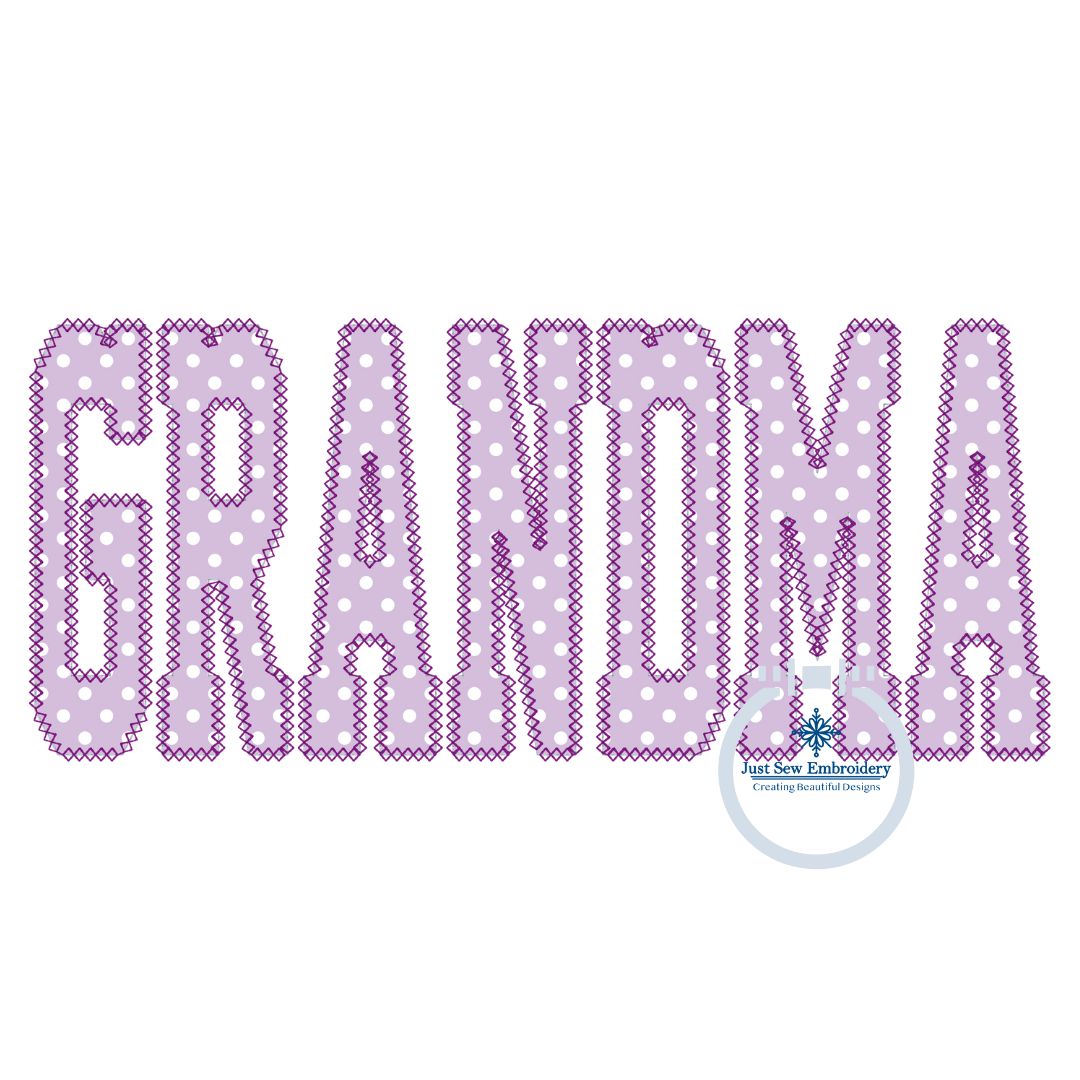 Grandma Academic Font Applique Embroidery Design Diamond Edge Stitch Mother's Day Gift Six Sizes 7, 8, 9, 10, 11, 12 inch