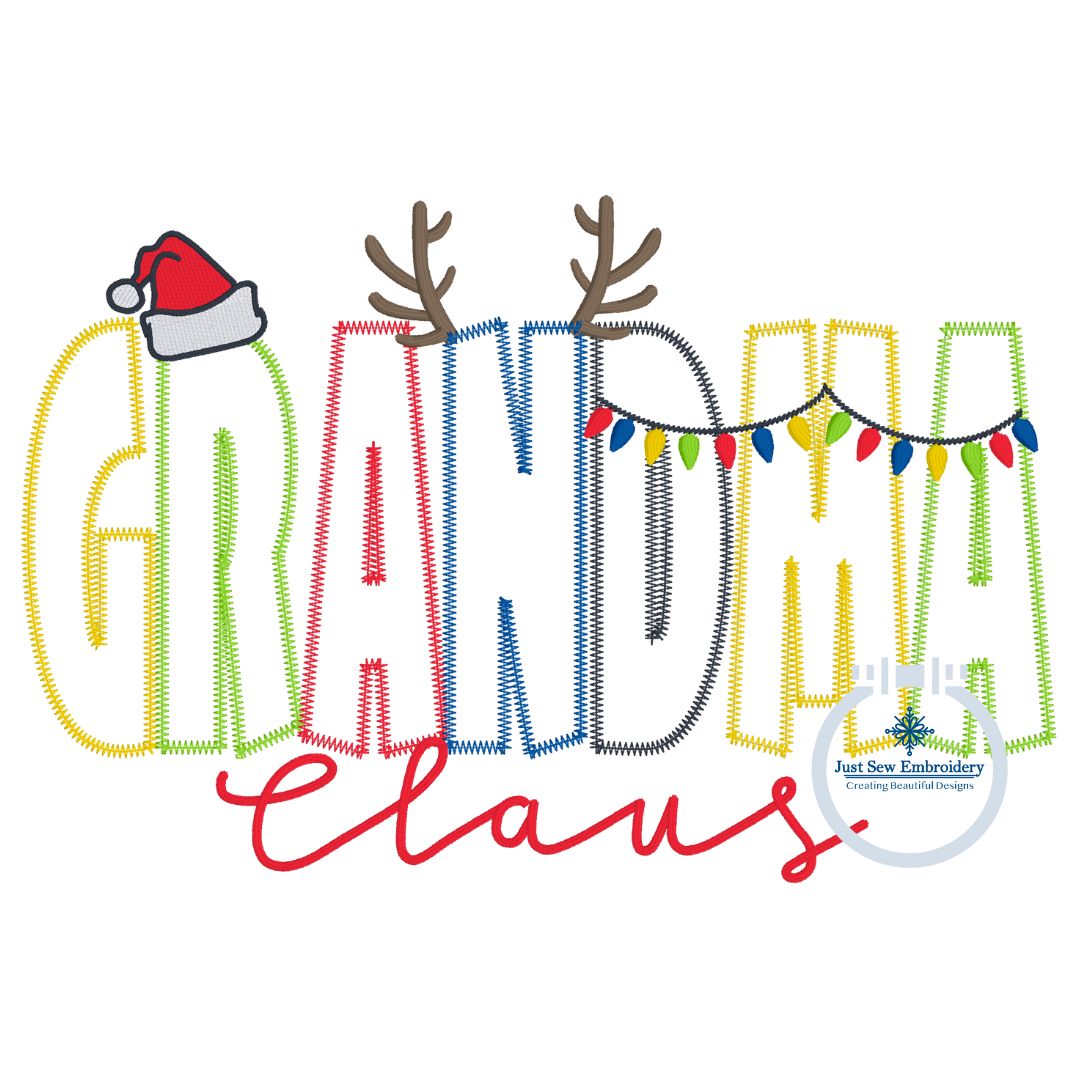 GRANDMA Claus Christmas Applique Embroidery Machine Design Zigzag Edge Stitch Five Sizes 5x7, 8x8, 6x10, 7x12m and 8x12 Hoop