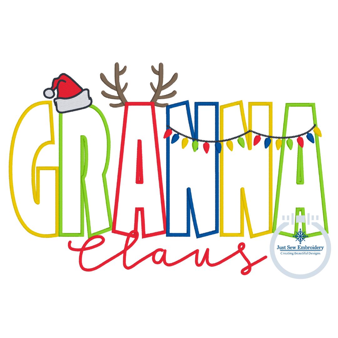 GRANNA Claus Christmas Applique Embroidery Machine Design Satin Stitch Edge Three Sizes 6x10, 7x12m and 8x12 Hoop