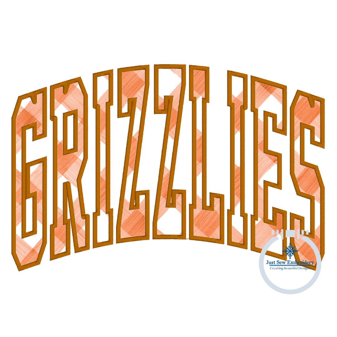 GRIZZLIES Arched Satin Applique Embroidery Machine Design Four Sizes 8x8, 6x10, 7x12, and 8x12 Hoop