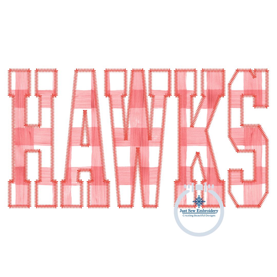 HAWKS Varsity Zigzag Applique Embroidery Design Six Sizes 7 inches - 12 inches wide