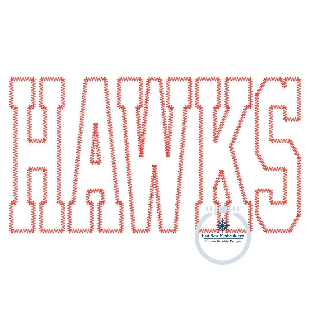 HAWKS Varsity Zigzag Applique Embroidery Design Six Sizes 7 inches - 12 inches wide