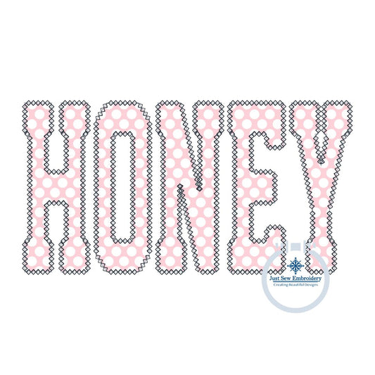 HONEY Diamond Stitch Applique Embroidery Machine Design Varsity Font Five Sizes 5x7, 8x8, 9x9, 6x10, and 7x12 Hoop