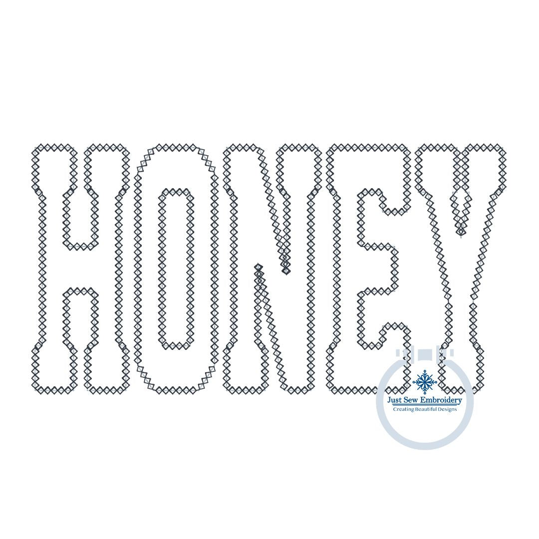 HONEY Diamond Stitch Applique Embroidery Machine Design Varsity Font Five Sizes 5x7, 8x8, 9x9, 6x10, and 7x12 Hoop