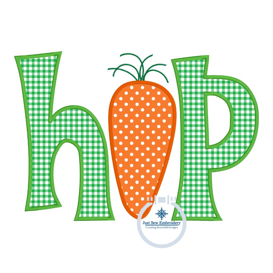 HOP Carrot Applique Machine Embroidery Design with Satin Finishing Stitch Five Sizes 5x7, 8x8, 6x10, 7x12, 8x12 Hoops