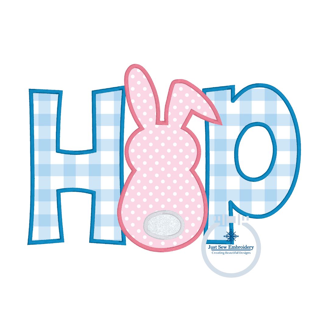 Bunny Hop Applique Machine Embroidery Design with Satin Edge Five Sizes 5x7, 8x8, 6x10, 7x12, and 8x12 Hoop