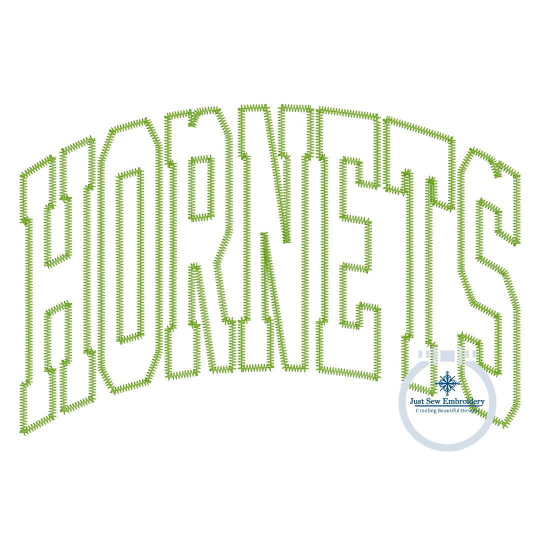 HORNETS Arched Zigzag Applique Outline Embroidery Design Five Sizes 5x7, 8x8, 6x10, 7x12, and 8x12 Hoop