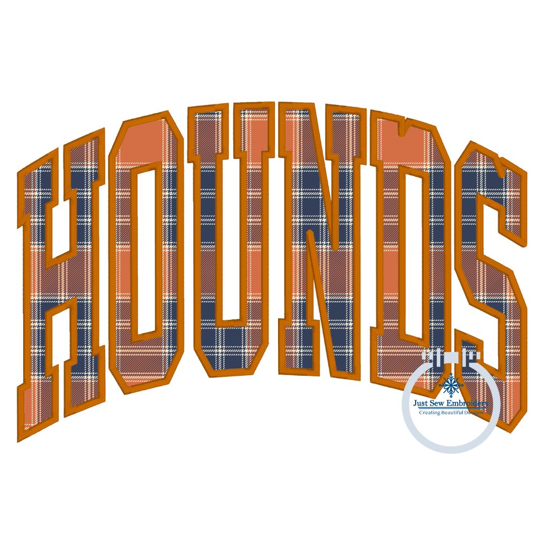 HOUNDS Arched Satin Applique Embroidery Design Machine Embroidery Five Sizes 5x7, 8x8, 6x10, 7x12, and 8x12 Hoop