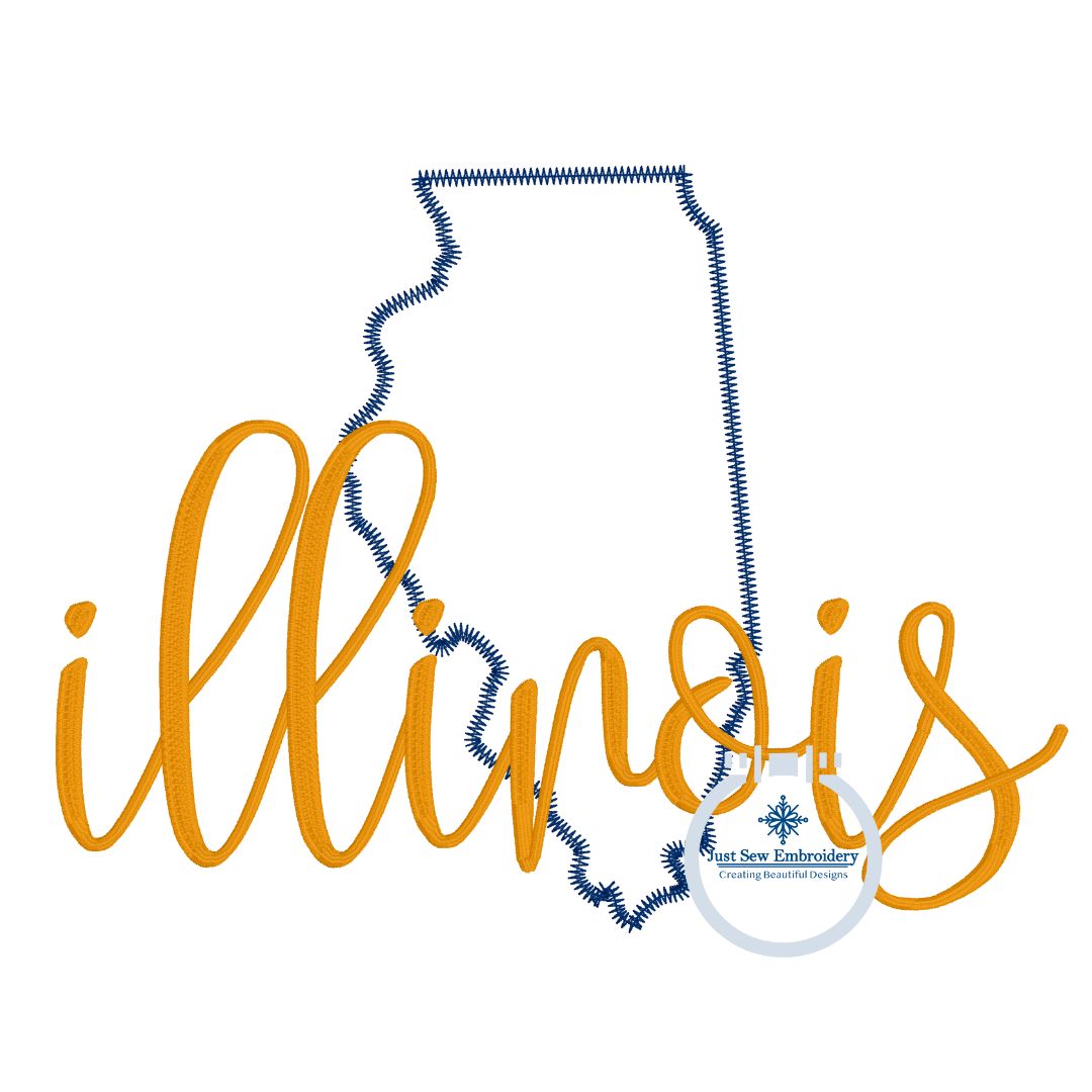 Illinois Applique Embroidery Design with ZigZag State and Satin Stitch Script Overlap Five Sizes 5x7,8x8, 6x10, 7x12, and 8x12 Hoop