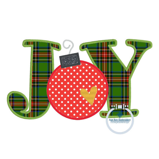 JOY Christmas Ornament Applique Machine Embroidery Design with Satin Edge Stitch Five Sizes 5x7, 8x8, 9x9, 6x10, 7x12 Hoop