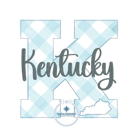 K with State Cutout Applique Embroidery Design Seven Sizes Bean Stitch Raggy Edge Kentucky KY 4x4, 5x5, 6x6, 7x7, 8x8, 9x9, 10x10 Hoop