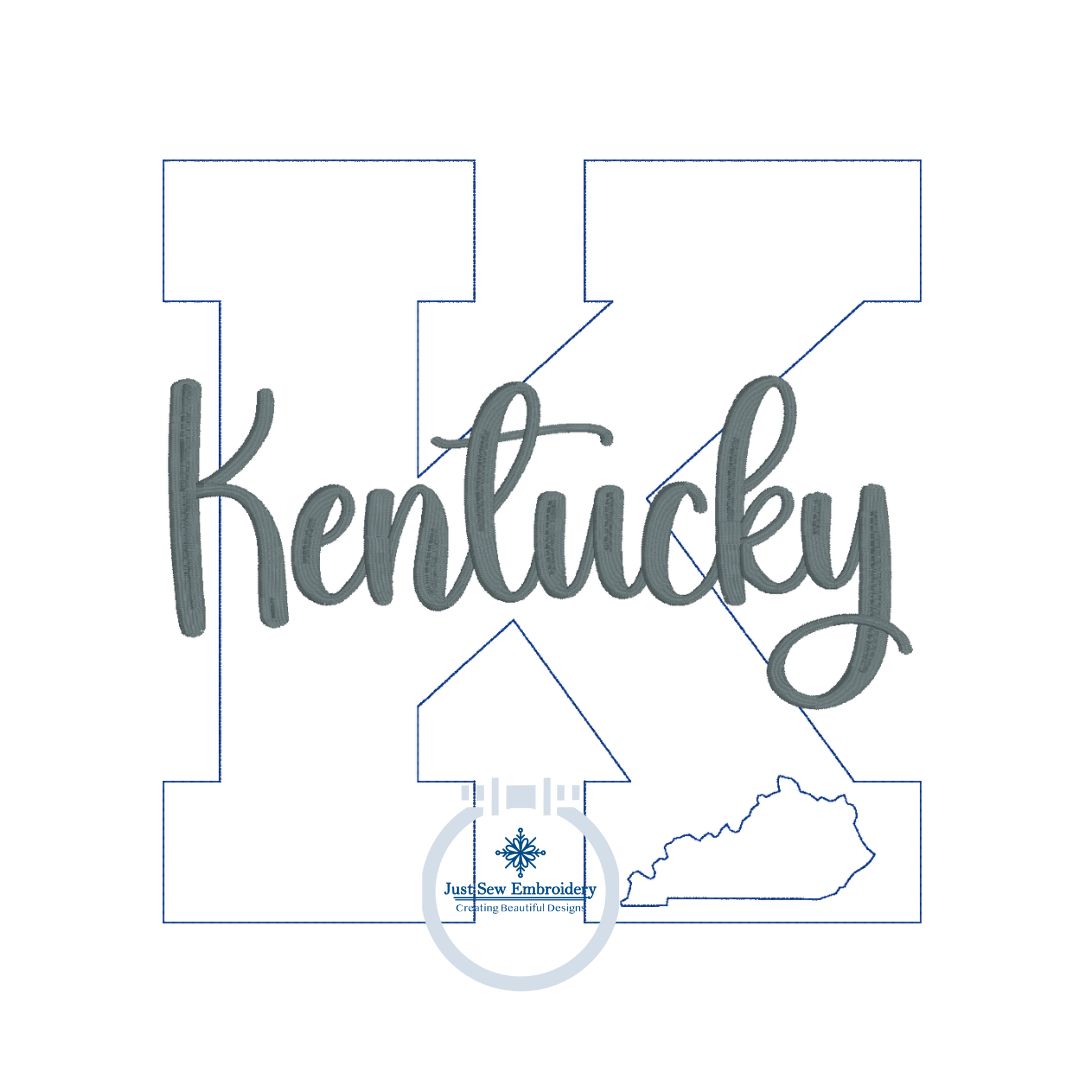 K with State Cutout Applique Embroidery Design Seven Sizes Bean Stitch Raggy Edge Kentucky KY 4x4, 5x5, 6x6, 7x7, 8x8, 9x9, 10x10 Hoop