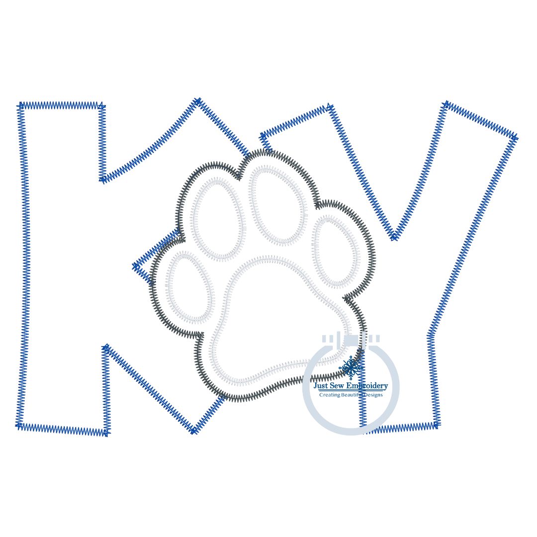 KY Paw Print Applique Embroidery Zigzag Edge Stitch Kentucky Five Sizes 5x7, 8x8, 6x10, 7x12, and 8x12 Hoop