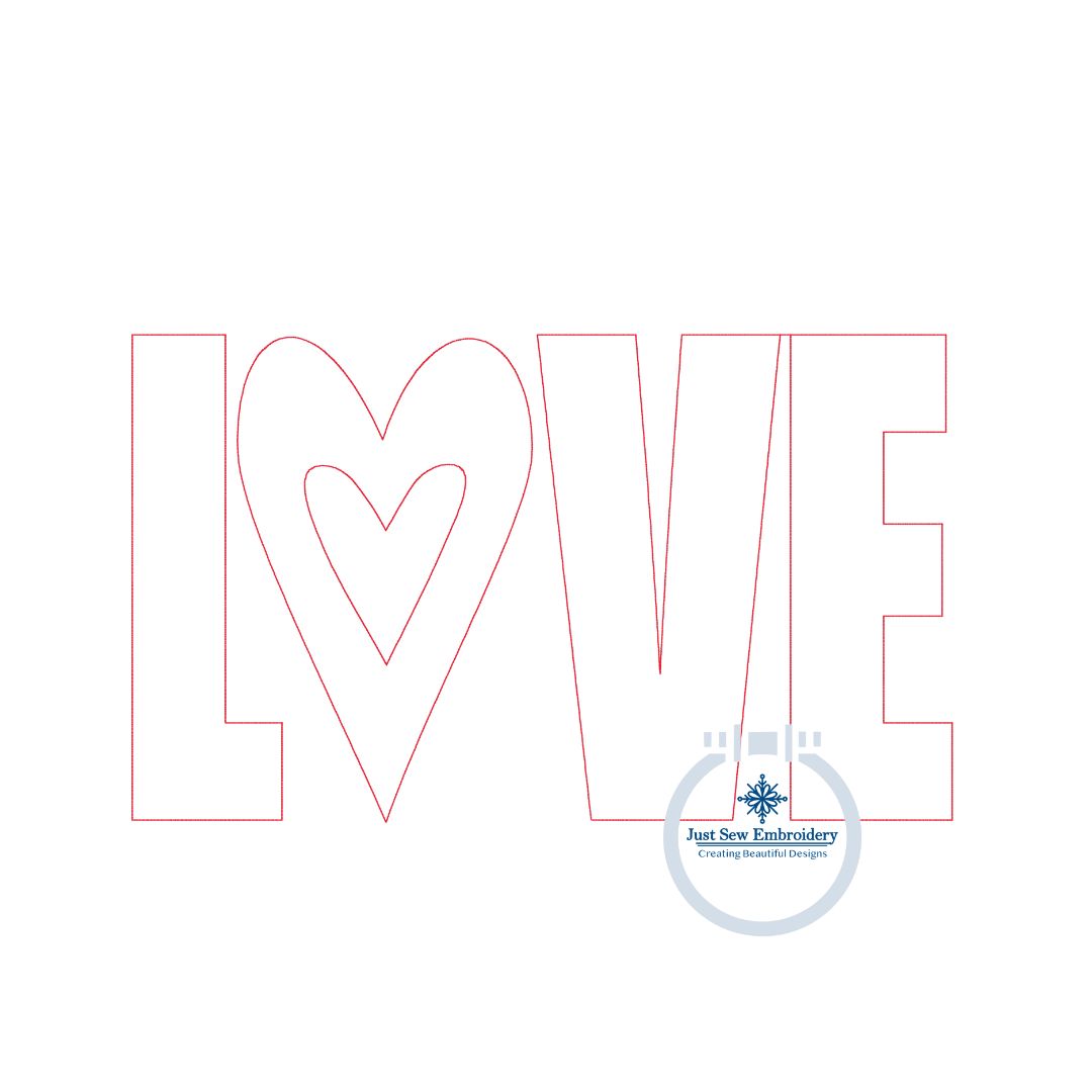 LOVE Heart Reverse Applique Embroidery Design Bean Stitch Five Sizes 5x7, 8x8, 9x9, 6x10, and 7x12
