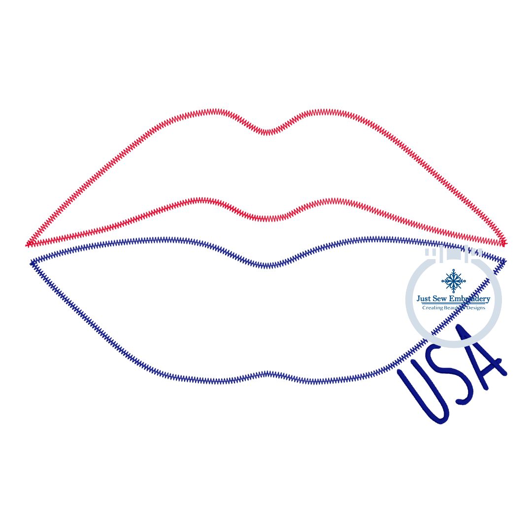 Lips USA Two Color Applique Embroidery Design Machine Embroidery ZigZag Stitch July 4 4th of July Independence 8x12 Hoop