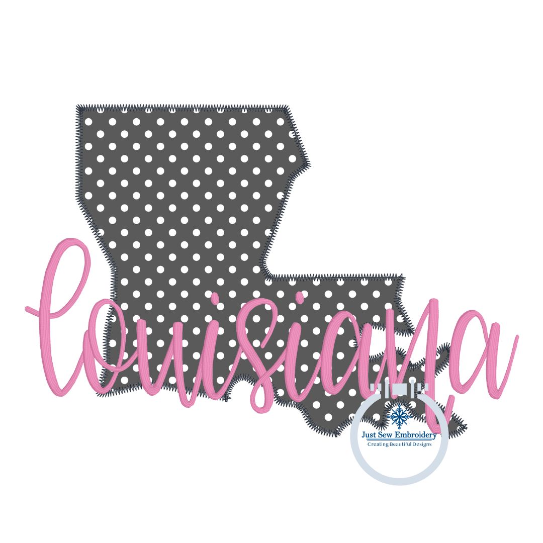 Louisiana Applique State Embroidery Design with Satin Stitch Script Overlap Five Sizes 5x7, 8x8, 6x10, 7x12, and 8x12 LA