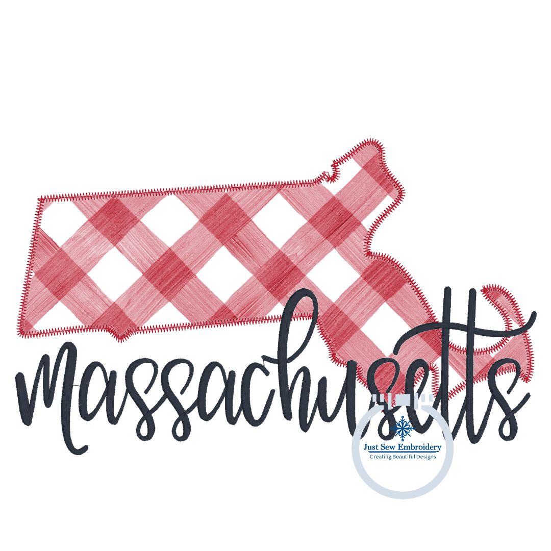 Massachusetts MA State Applique With Embroidery Design ZigZag Edge Stitch Six Sizes 5x7, 8x8, 9x9, 6x10, 7x12, and 8x12 hoop