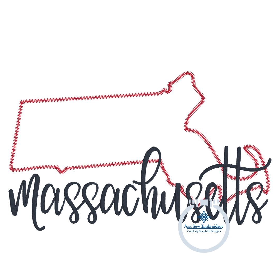 Massachusetts MA State Applique With Embroidery Design ZigZag Edge Stitch Six Sizes 5x7, 8x8, 9x9, 6x10, 7x12, and 8x12 hoop